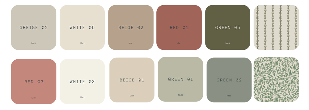 Rustikale Farbpalette mit Lick Greige 02, White 05, Beige 02, Red 01, Green 05, Red 03, White 03, Beige 01, Green 01, Green 01, Botanical 05 Tapete und Botanical 03 Tapete