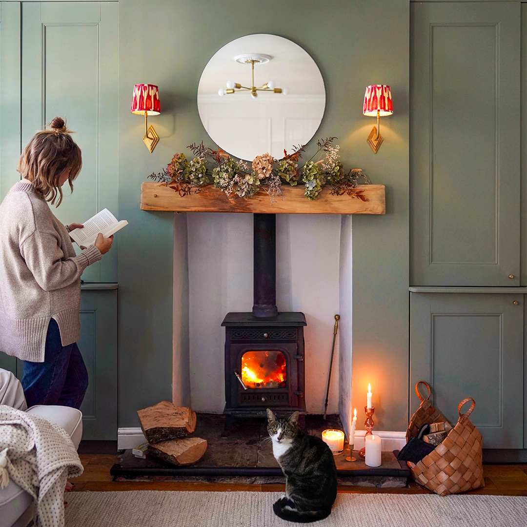Image of a person reading by the fire with a cat