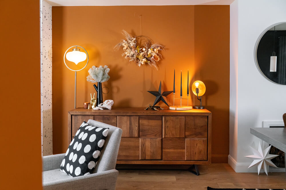 Orange, black and white living room