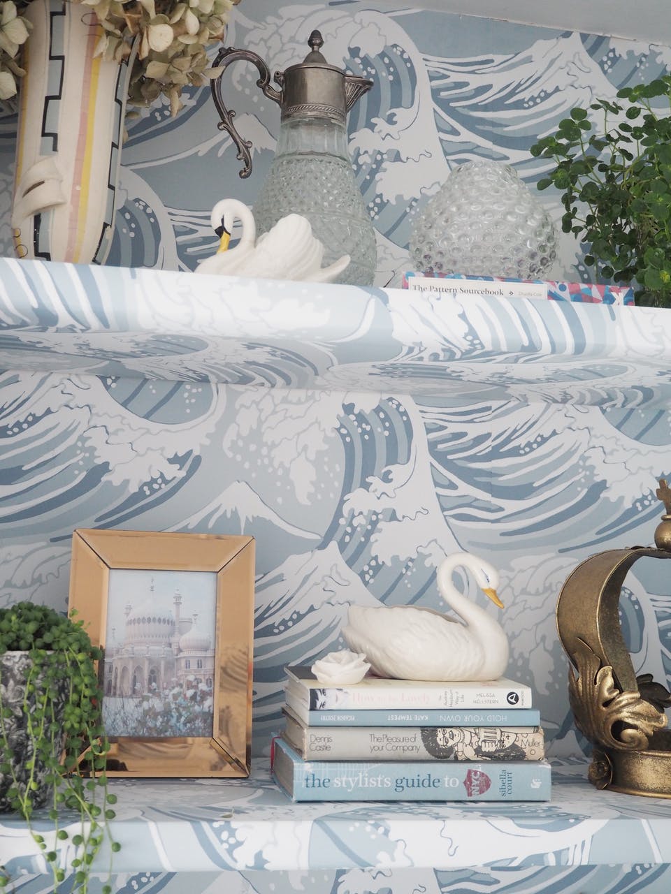 Wallpapered shelving in waves print colourful upcycle inspiration