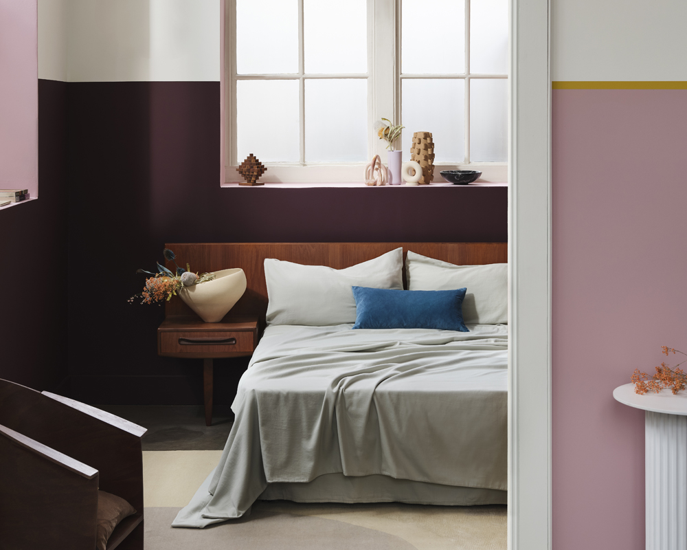 Colour blocking in a bedroom painted in Lick Purple 03