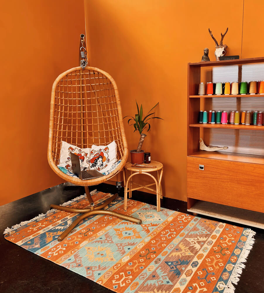 70's inspired living room with wooden chair