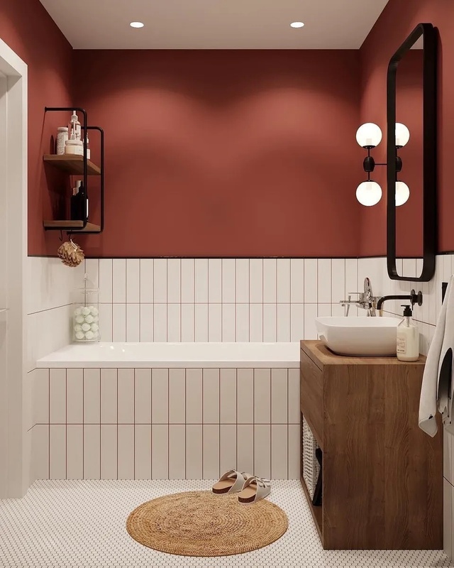 Bathroom decorated in Lick Red 01 paint shade