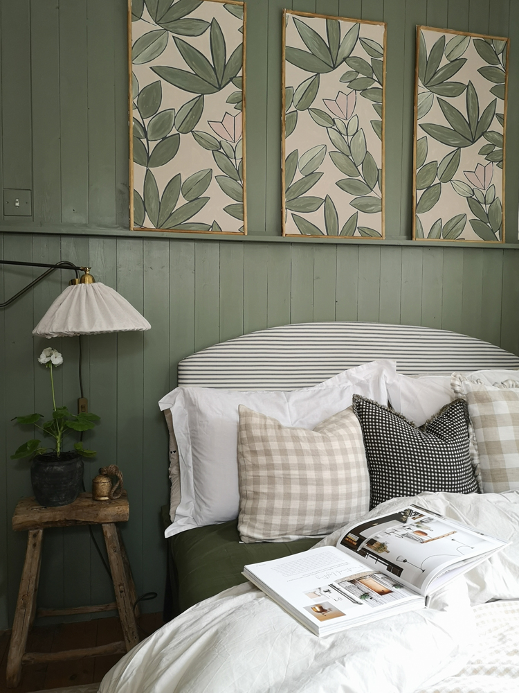 Bedroom painted in Lick Green 02 calming paint colour with Mindful 01 wallpaper