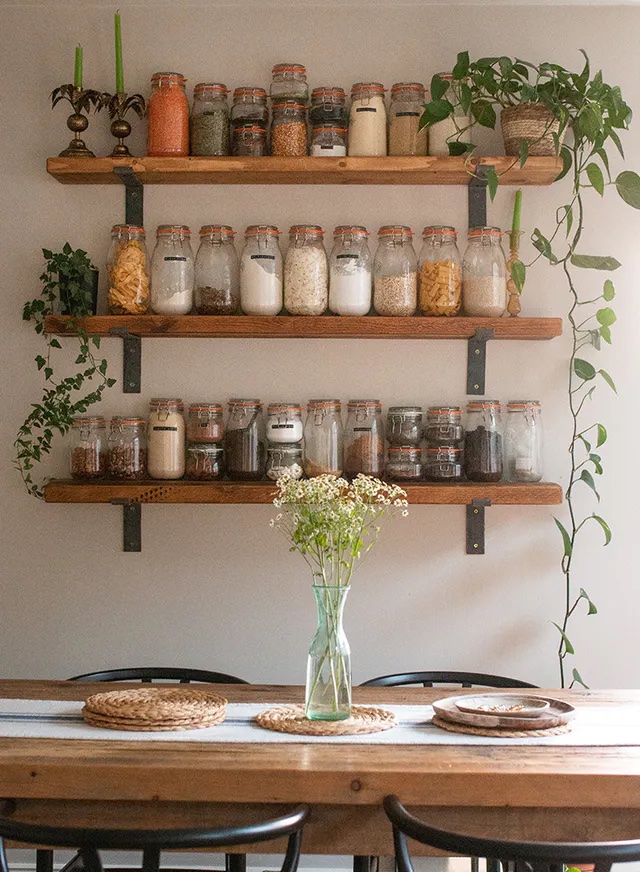 Traditional farmhouse dining room with open shelving by @IAMMEGLAM