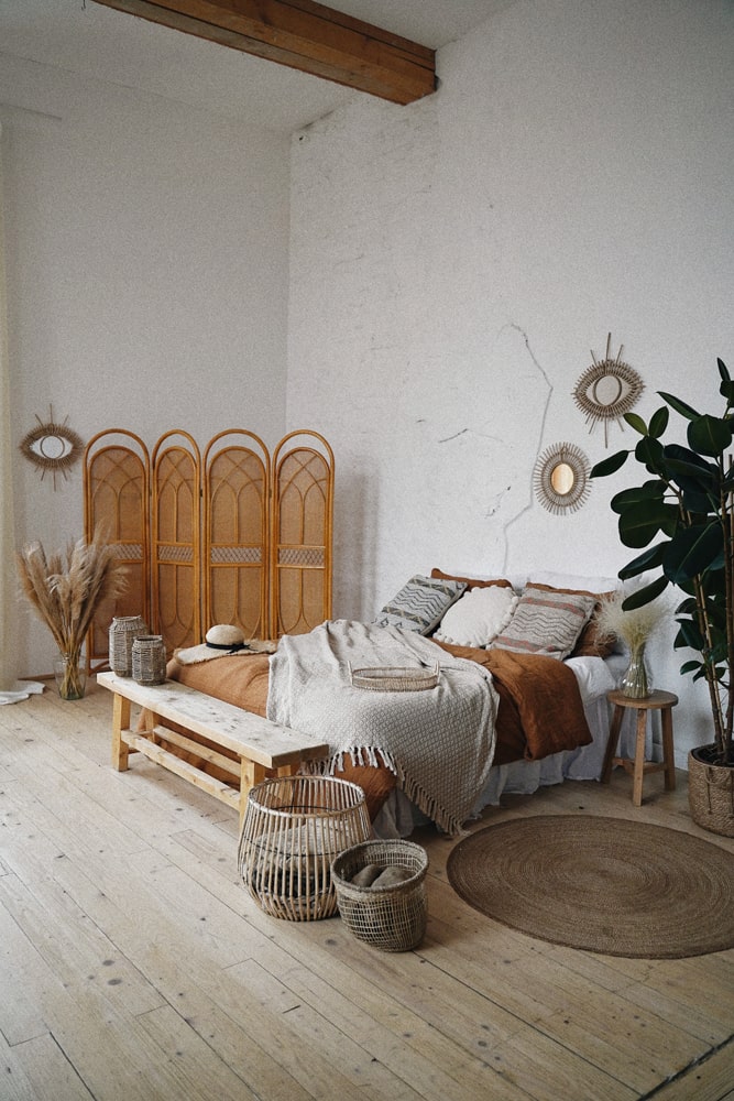 Boho Chic bedroom with orange accents