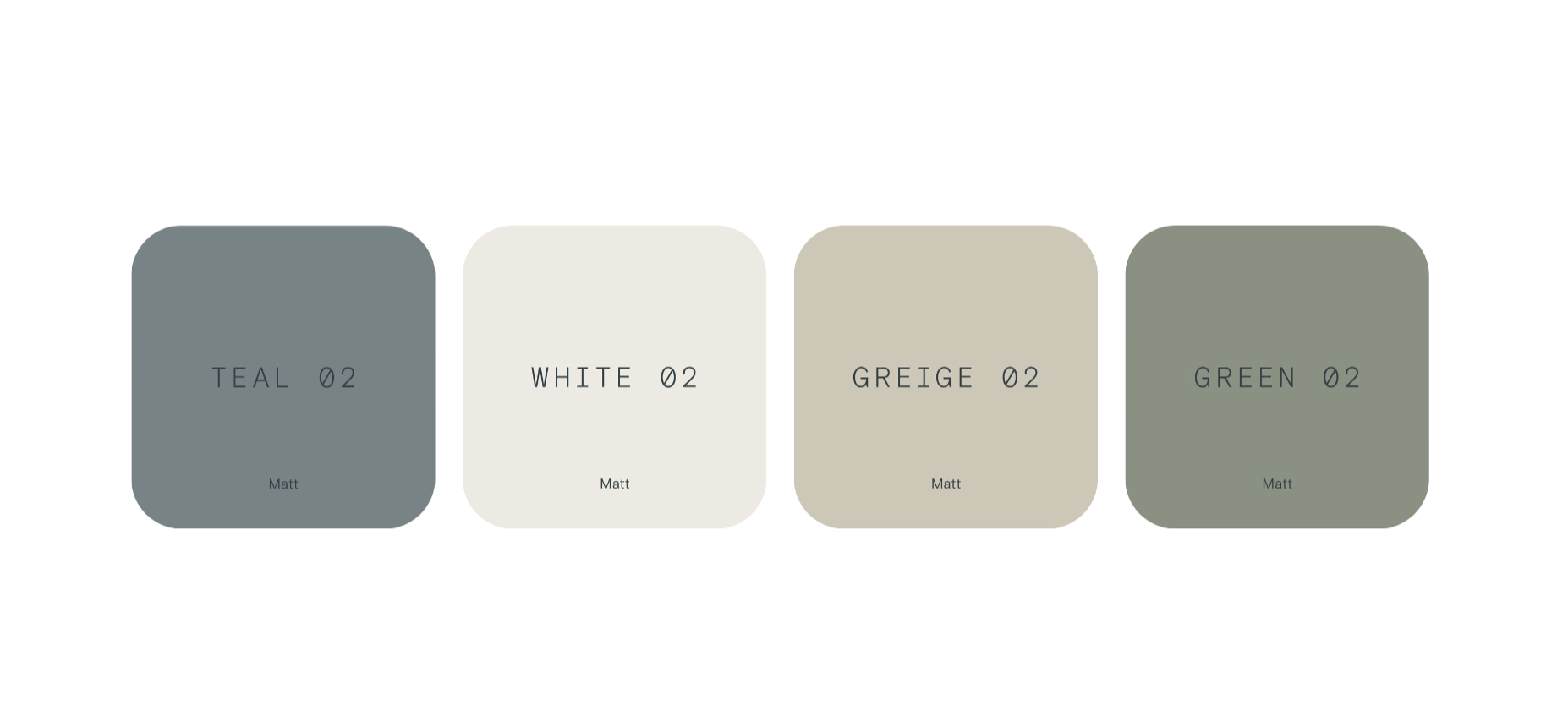 Lick paint palette of Teal 02, White 02, Greige 02 and Green 02 paint