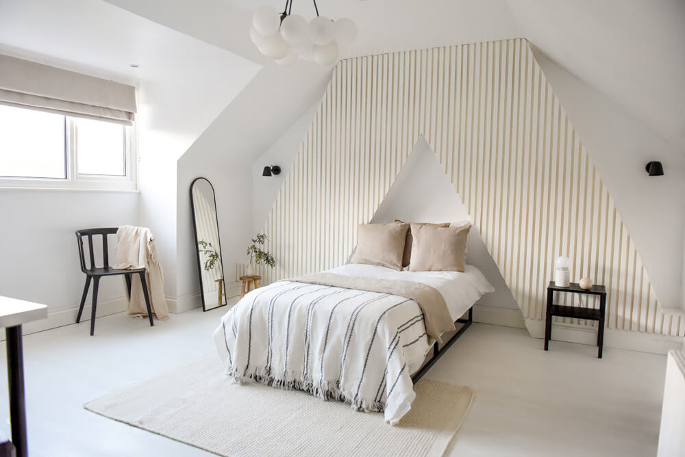 DIY batten wall panelling headboard decorated in Lick White 03 paint shade