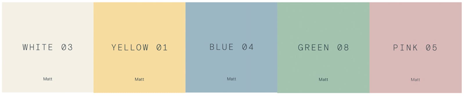 Lick paint rectangle tetradic colour scheme in colours in White 03, Yellow 01, Blue 04, Green 08, Pink 05