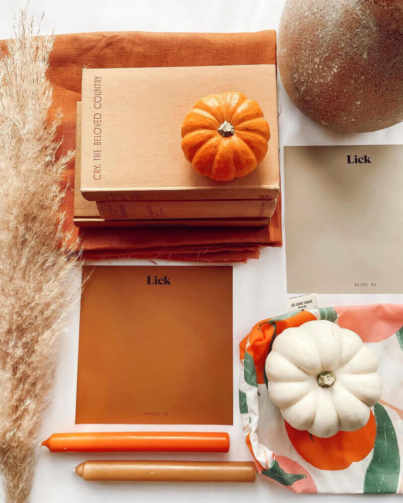 Autumnal mood board with Lick Orange 02 and Beige 02 samples