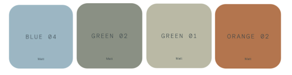 Image of a warm colour palette featuring Lick Blue 04, Green 02, Green 01 and Orange 02