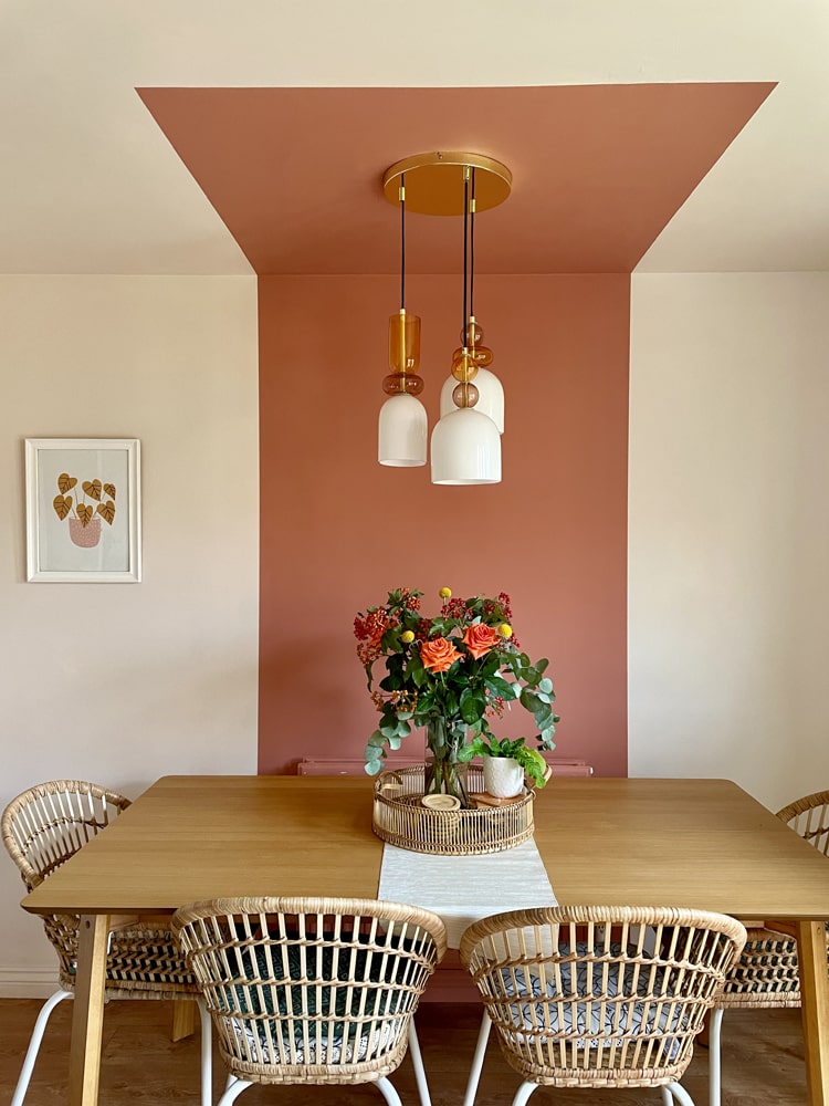 Dining room colour blocking on a wall painted in Lick Red 03 and Pink 01 paint