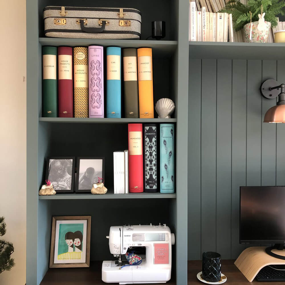 Close up of bookshelves painted in Green 03