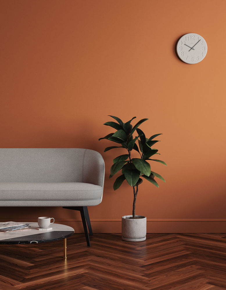 Living room decorated in Lick Orange 02 paint shade