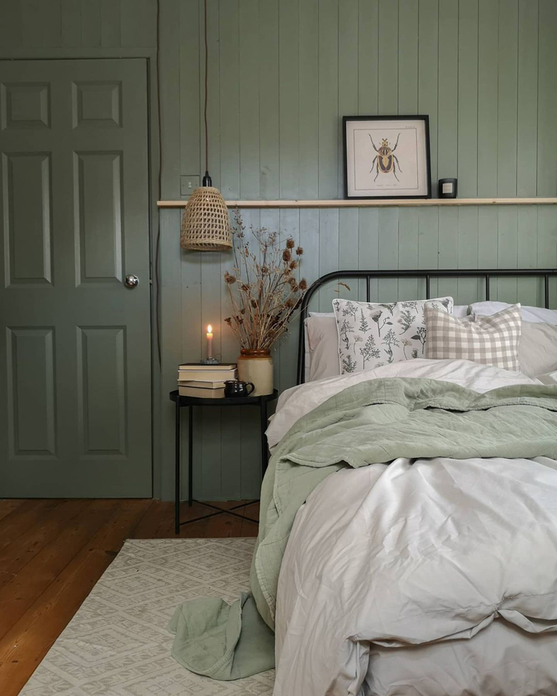Bedroom with shiplap cladding decorated in Lick Green 02 paint