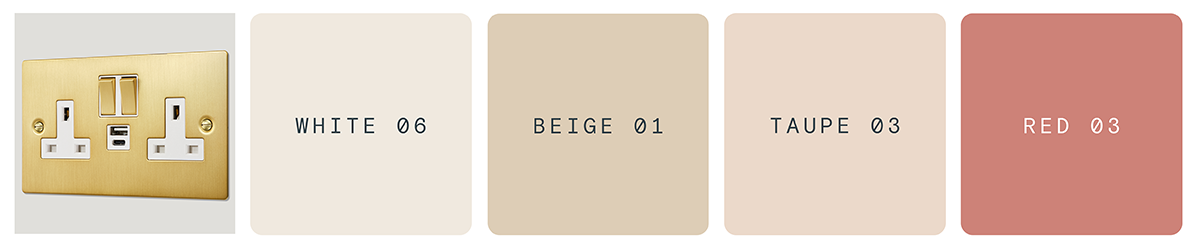 Brass plug socket, White 06, Beige 01, Taupe 03, Red 03