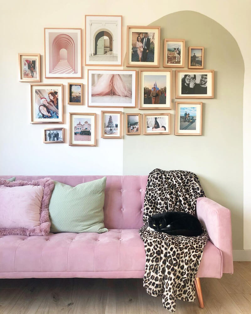 Living room with pink sofa gallery wall inspiration with Lick paint green 09 walls