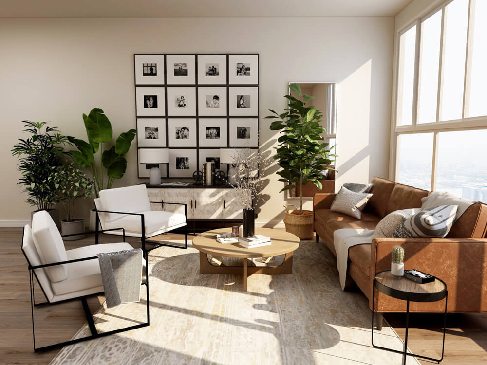 Industrial living room with house plants in it and gallery wall