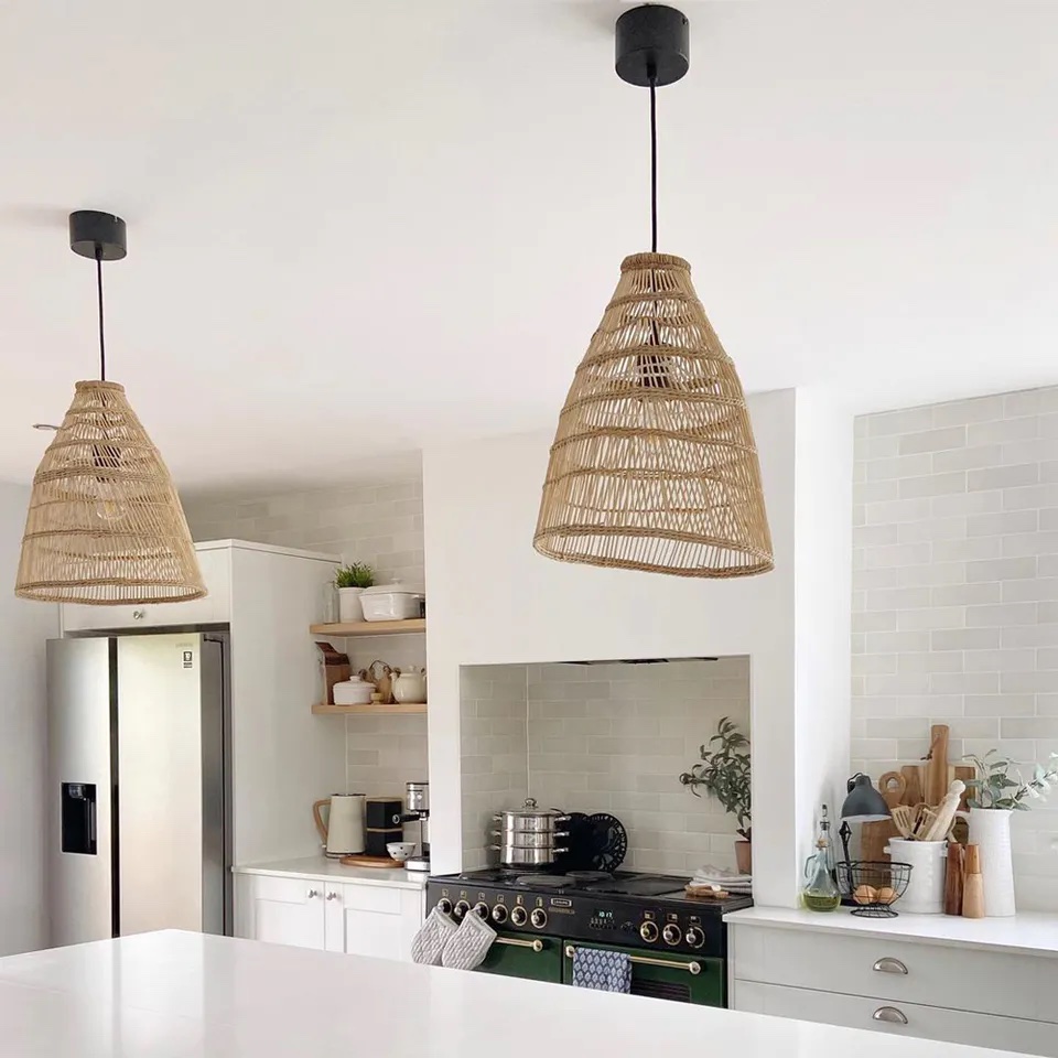 Scandi kitchen with white walls and beige pendant lighting by @LITTLERENOVATIONSTORIES