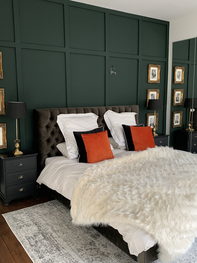 Bedroom wall panelling painted in Lick Green 06 paint