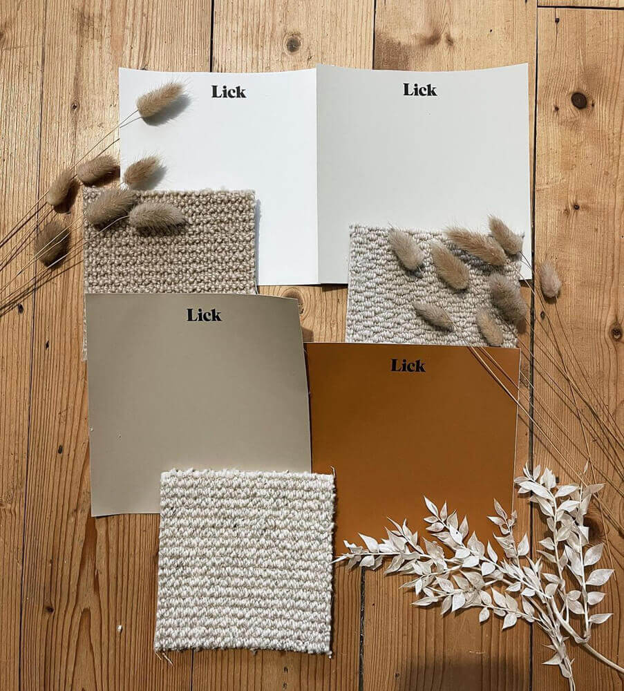 Neutral mood board of Lick beiges, whites and Orange 02 paint