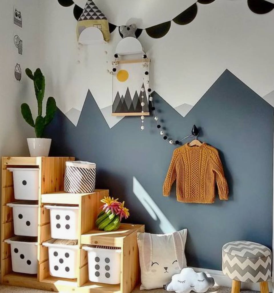 Kids bedroom DIY navy mountains with wood finish storage 