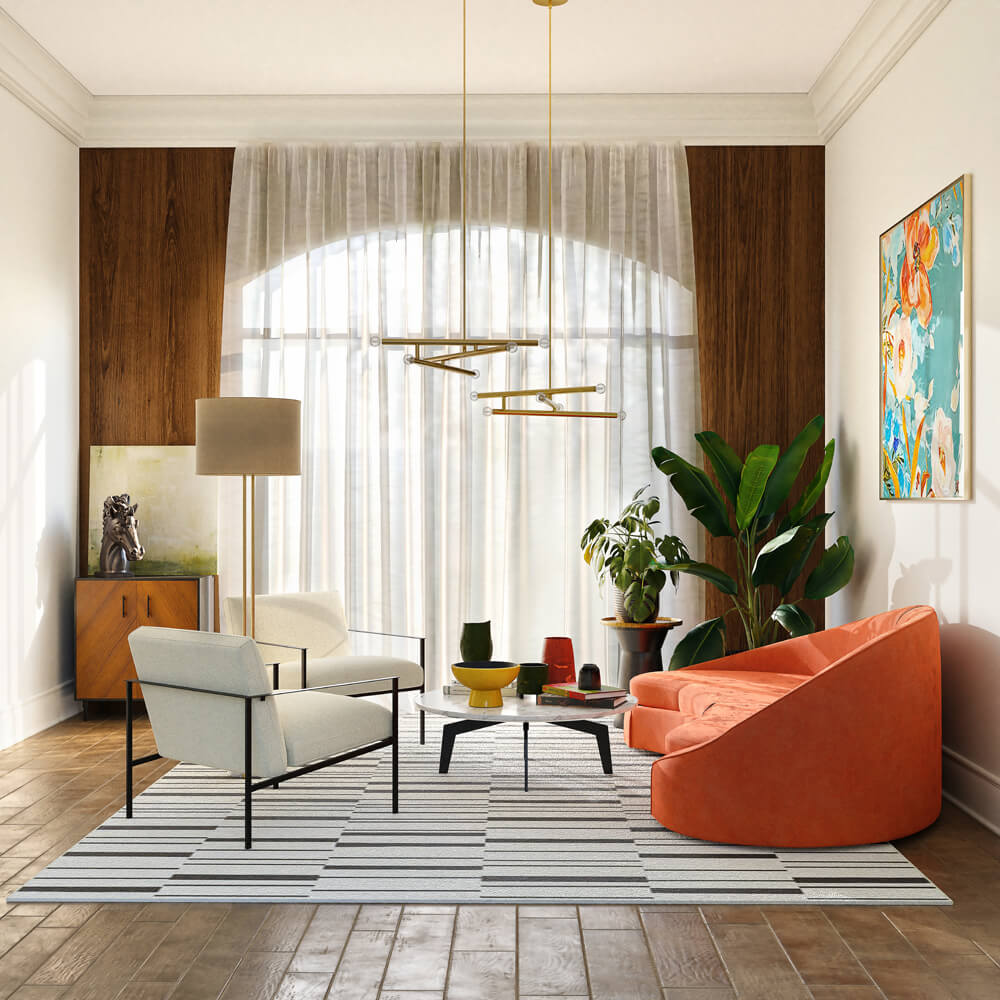 Bright contemporary living room with warm accents