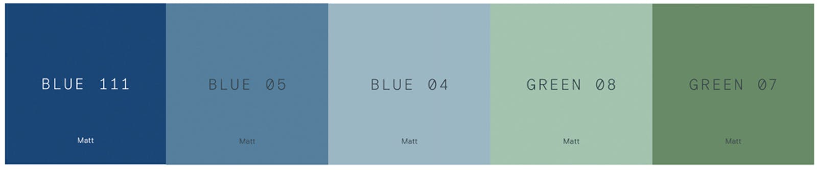 Lick paint analogous colour pallet, Blue 111, Blue 05, Blue 04, Green 08 and Green 07