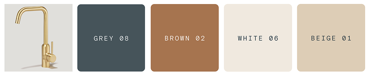 Brass tap, Grey 08, Brown 02, White 06, Beige 01
