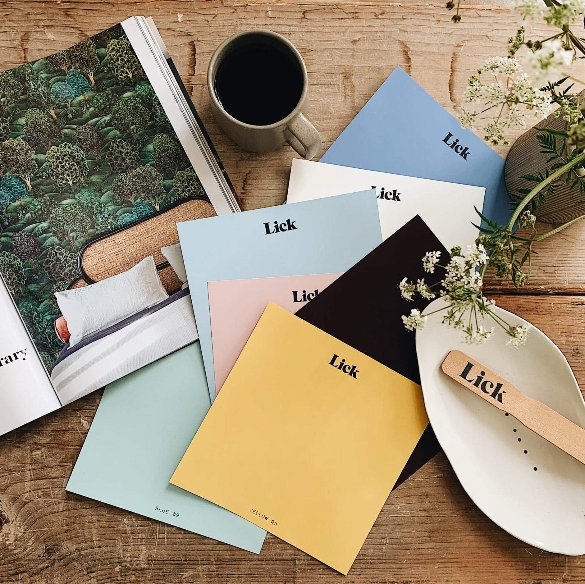 Moodboard flatlay of Lick peel and stick Palette 01 pastels sample box