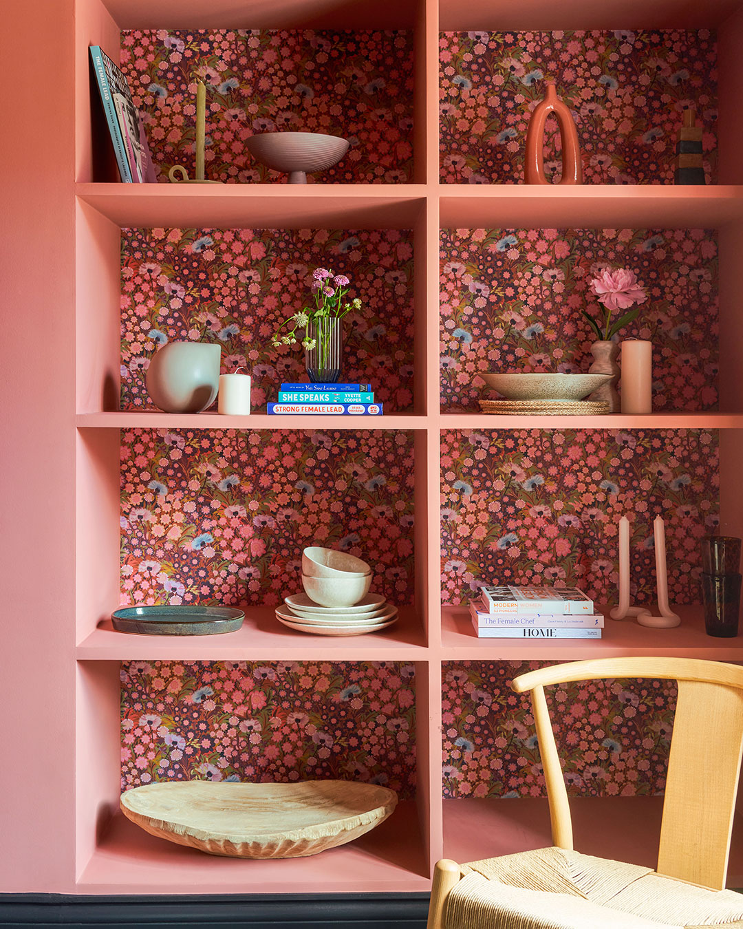 Shelving unit decorated in Lick Keepers Cottage 03 floral wallpaper and Red 03 paint