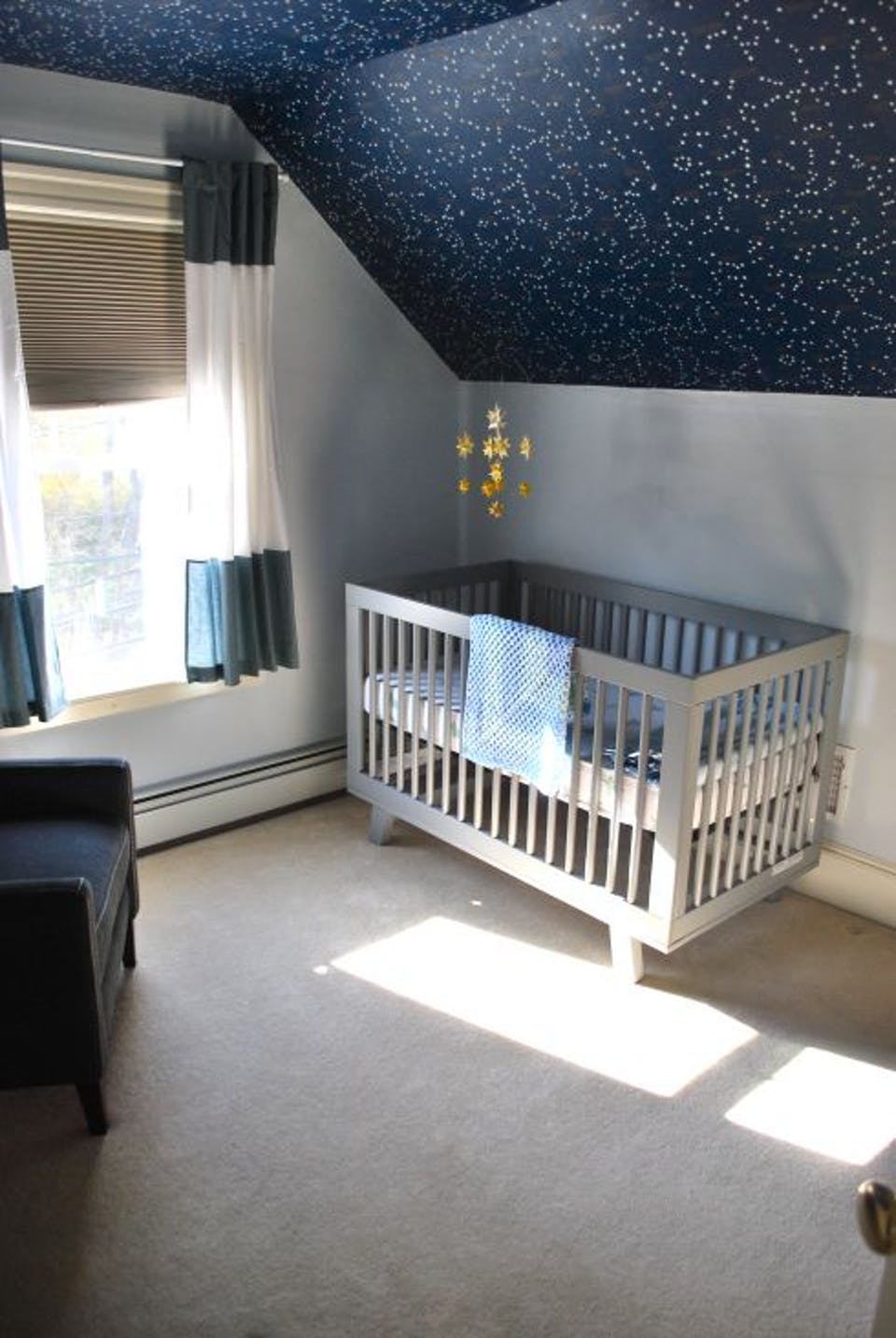 Kids bedroom DIY navy starry sky with grey cot