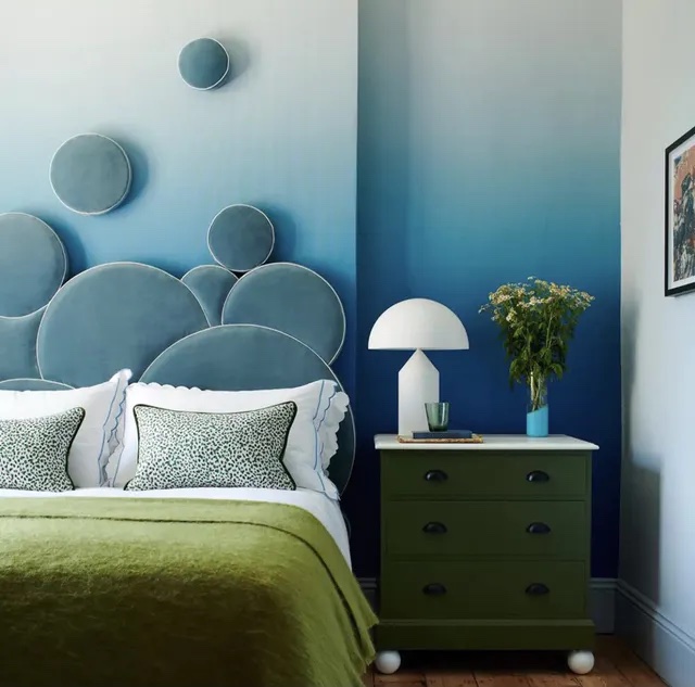 Eclectic contemporary bedroom decorated in a blue and green colour scheme by @pendorataylor