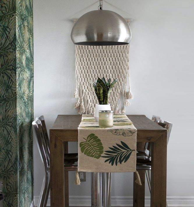 Unsplash image of a tropical dining room decorated in tropical wallpaper