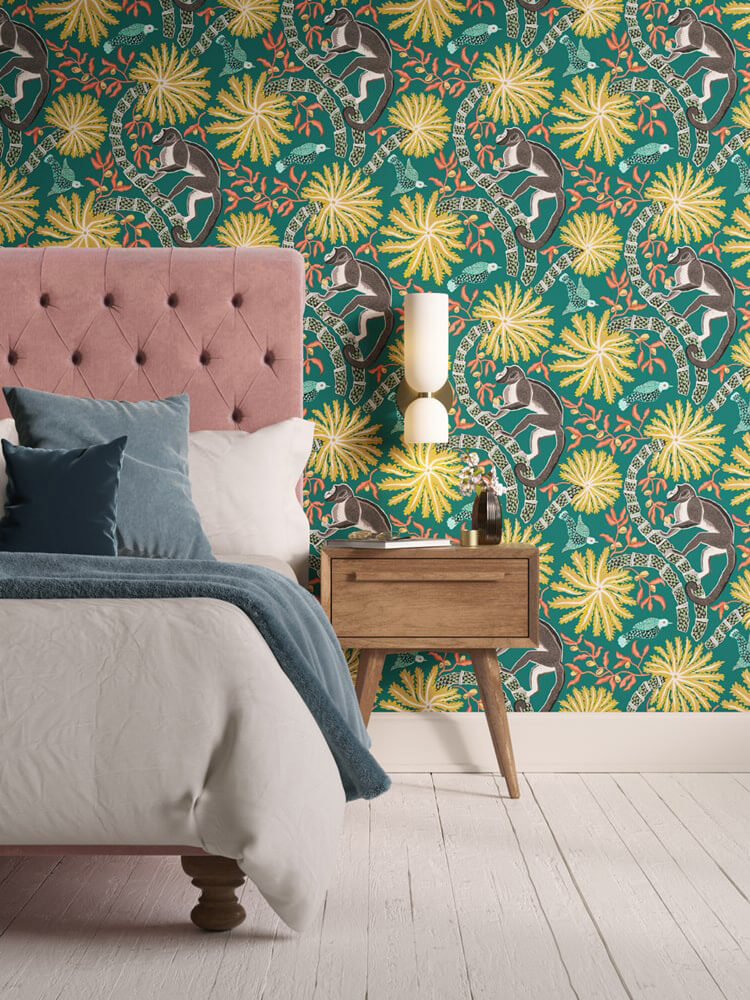 A bedroom decorated in Lick Monkey 03 animal wallpaper