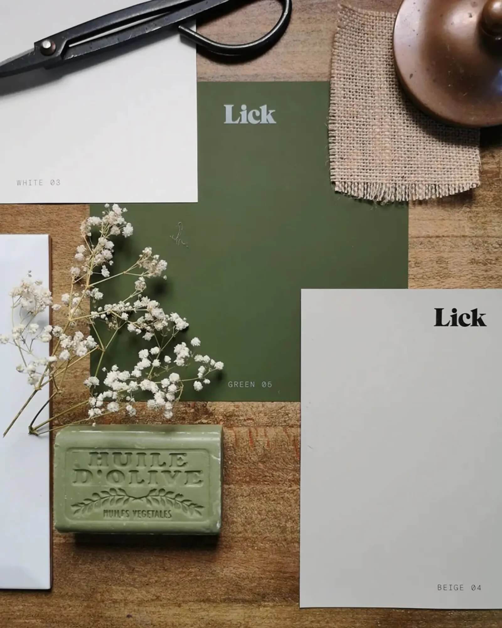 Traditional farmhouse mood board featuring Lick Green 05 and Beige 04