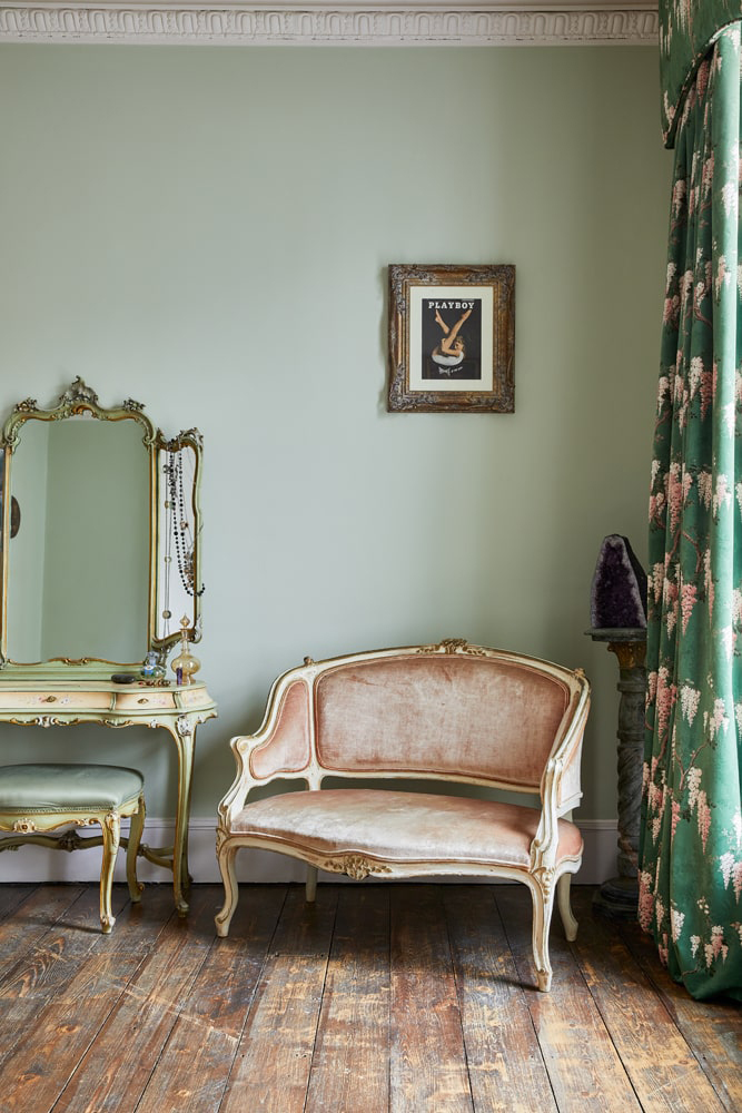 Daisy Lowe's bedroom decorated in Lick Green 09 paint shade