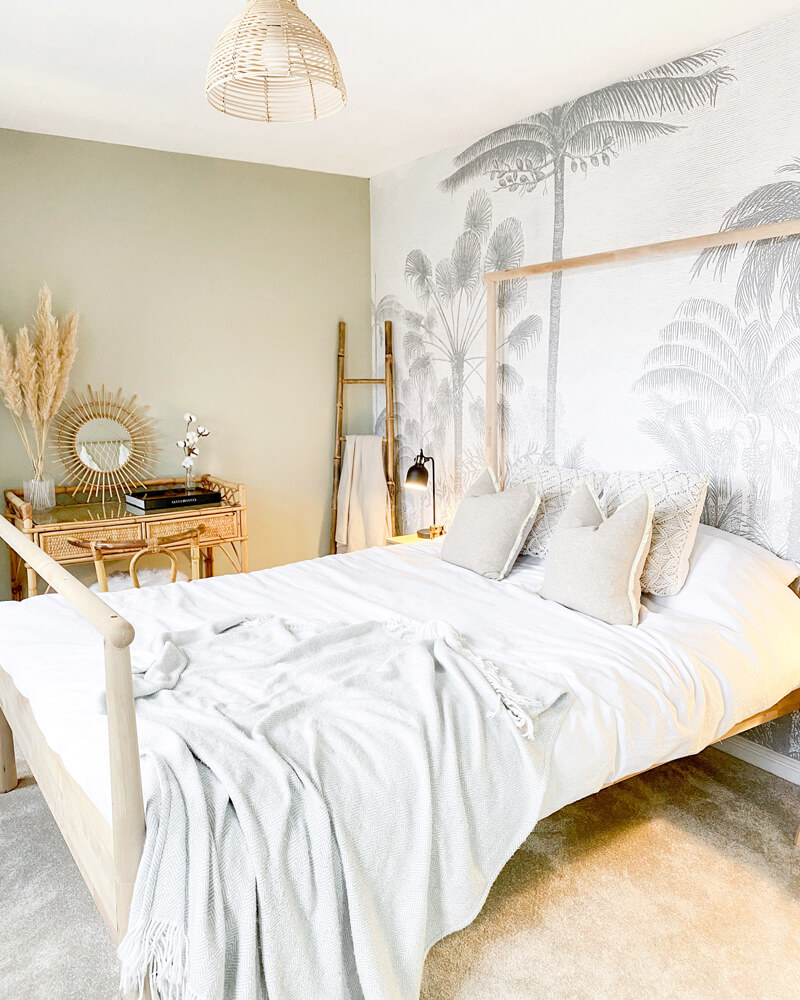 DIY headboard effect via a wallpaper feature wall