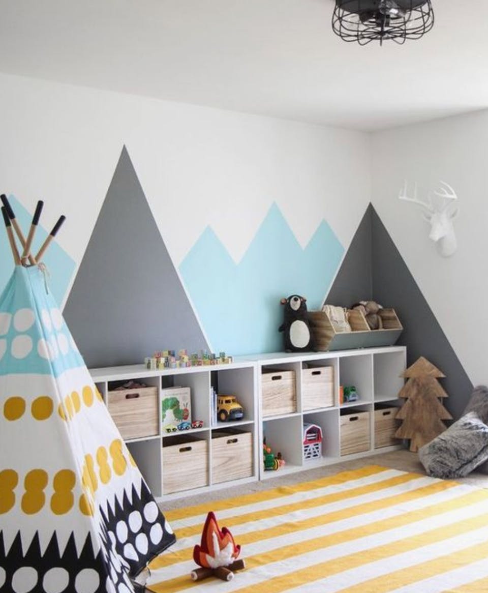 Kids bedroom DIY blue and grey mountains with teepee tent