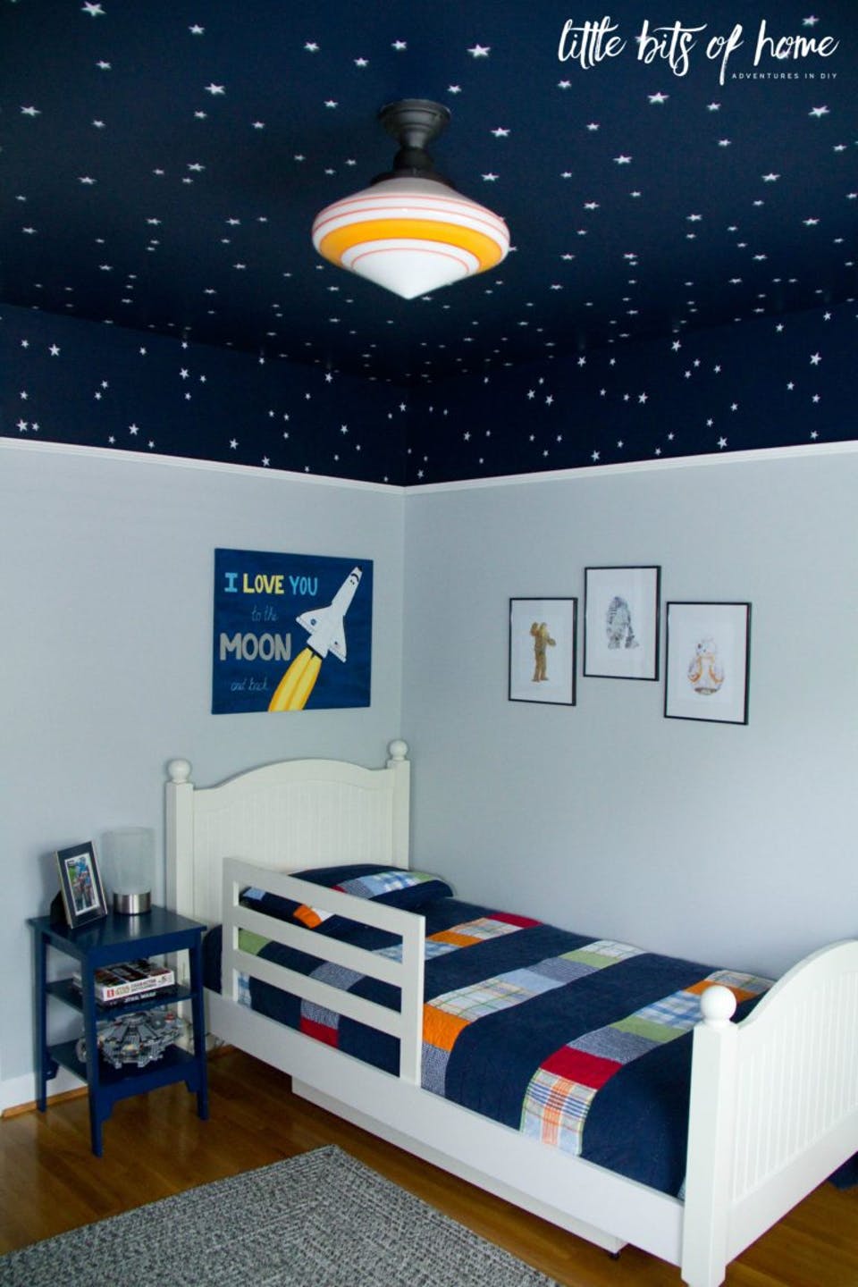 Kids bedroom DIY navy starry sky with white bed 