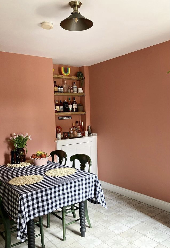 Interior trends cottagecore kitchen dining room with walls painted in Lick paint Red 03