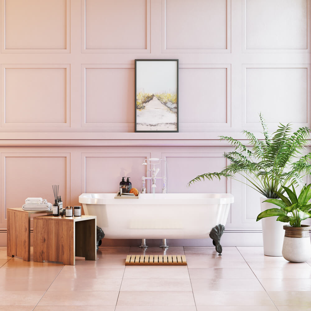 Bathroom painted in Lick paint Purple 01 dado rail and panelling
