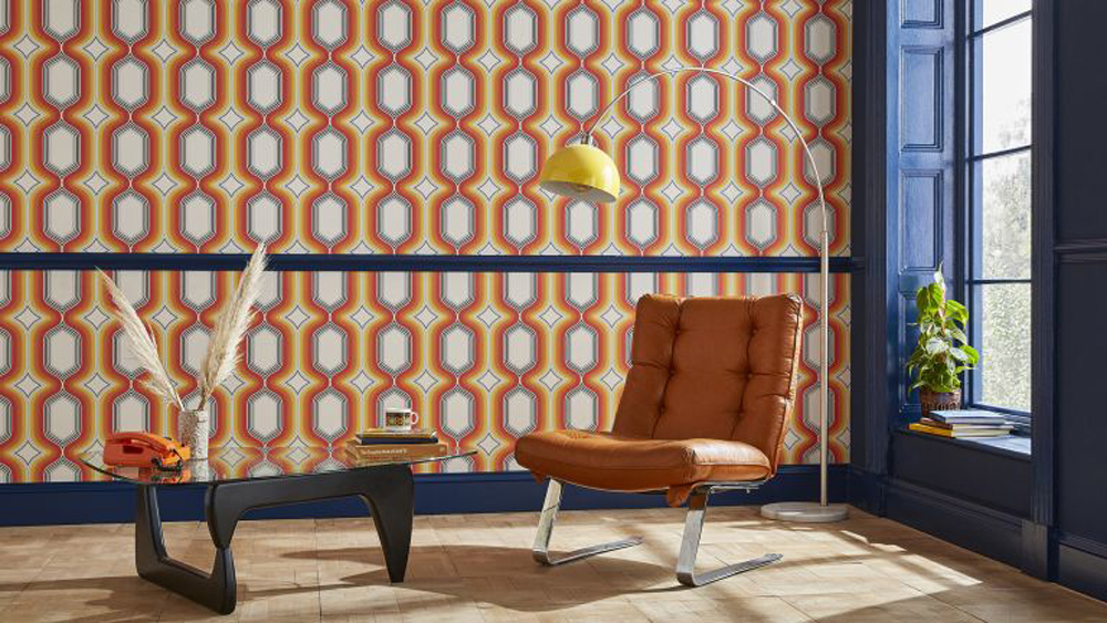 70s style wallpaper in living room