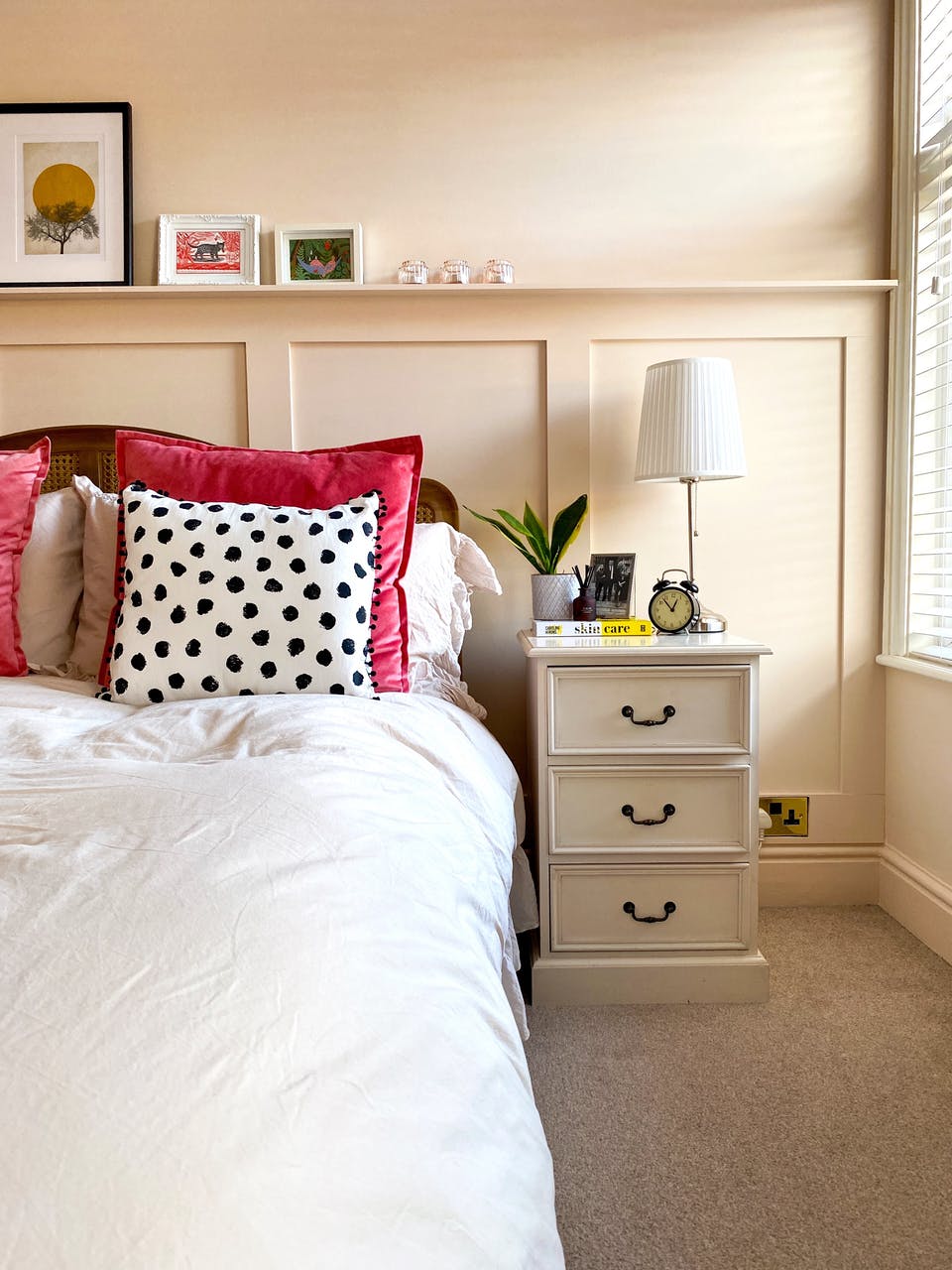 Bedroom panelled walls painted in Lick paint Pink 02