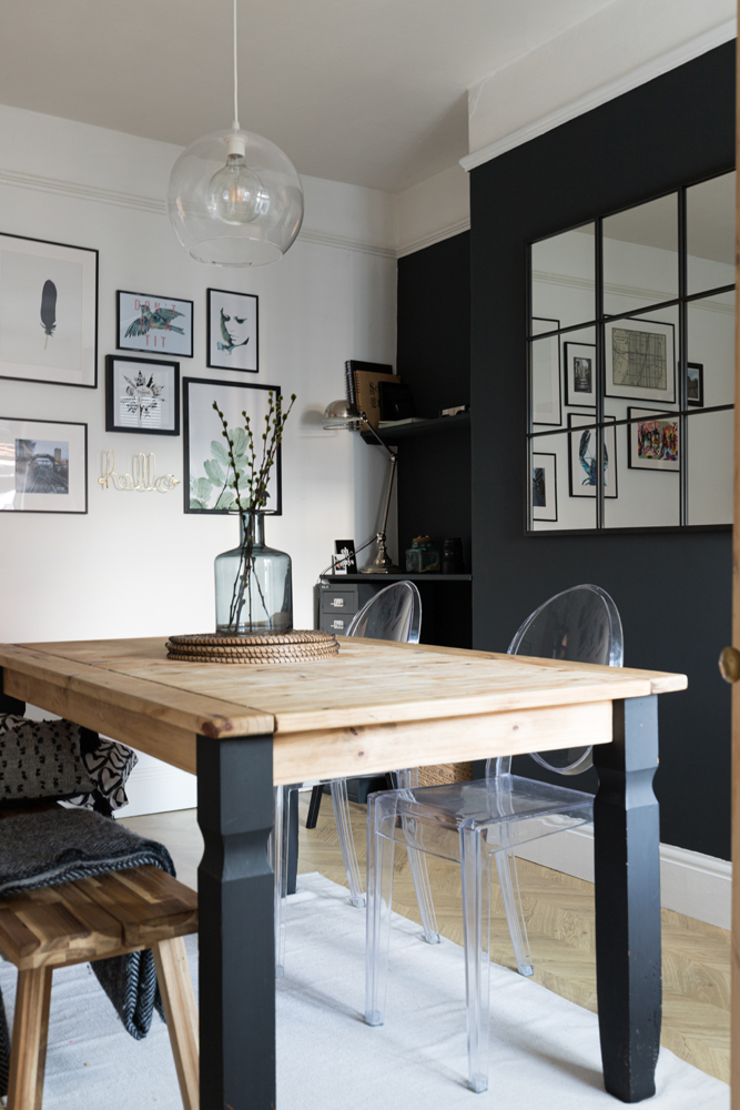 Lick paint Black 01 Dining room feature wall with monochrome decor and wooden kitchen table painted with Lick Black 01 legs