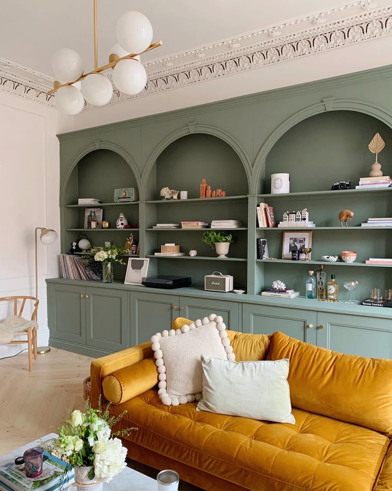 Living room open shelving painted in Lick Green 02 paint