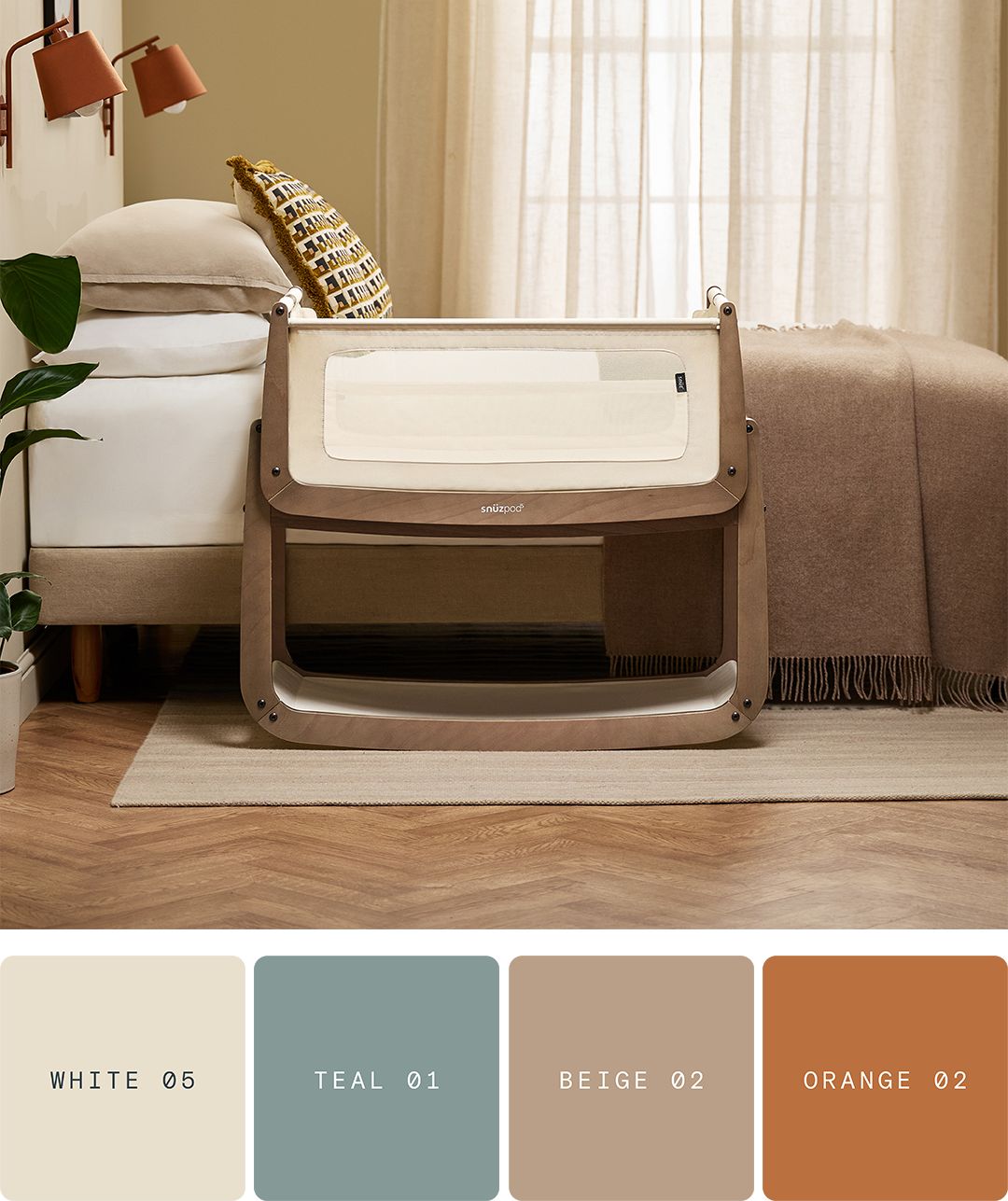 Walnut Snuzpod with Lick palette White 05, Teal 01, Beige 02, Orange 02