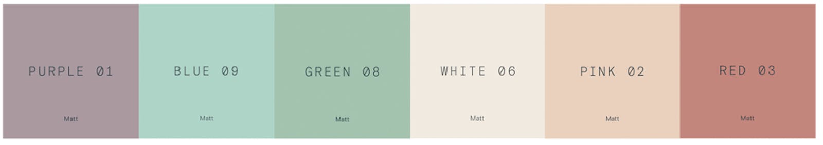 Lick paint rectangle tetradic colour scheme in colours Purple 01, Blue 09, Green 08, White 06, Pink 02, Red 03
