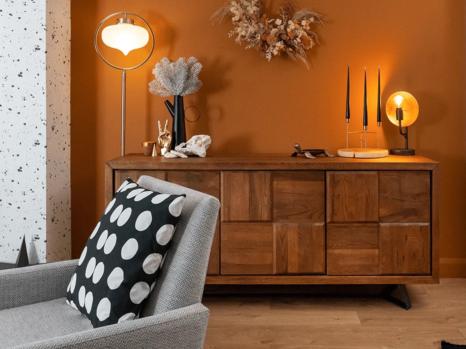 Midcentury modern living room painted in Lick paint orange 02