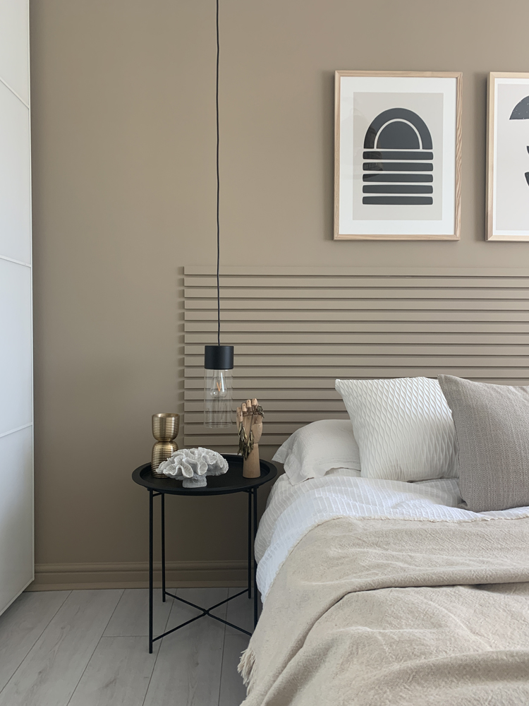 Panelled DIY headboard using Lick Beige 02 paint shade